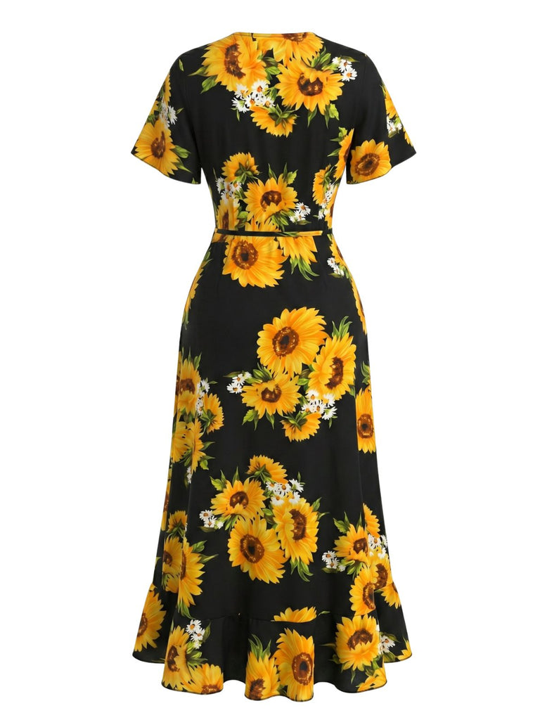 Robe Midi Col V Portefeuille Floral Tournesol Noire Années 40