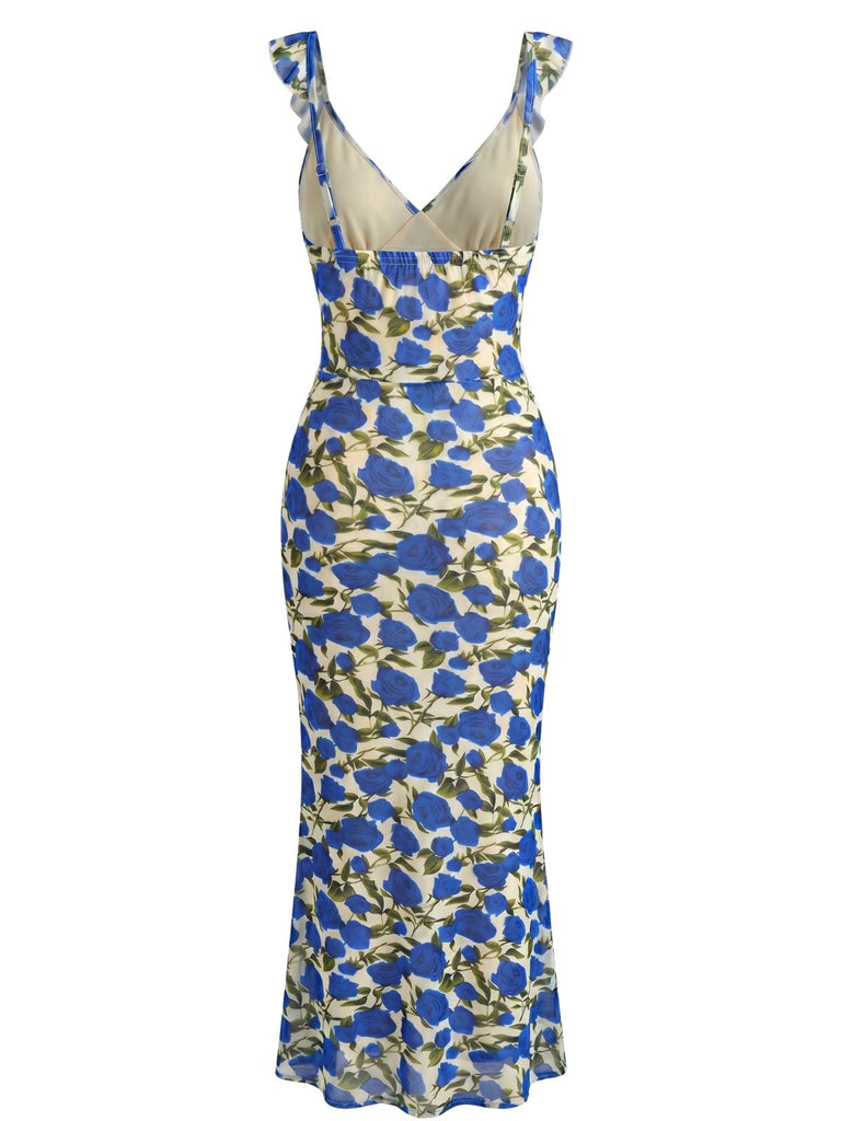 Robe Ajustée Dos-Nu Col V Floral Bleue Années 30