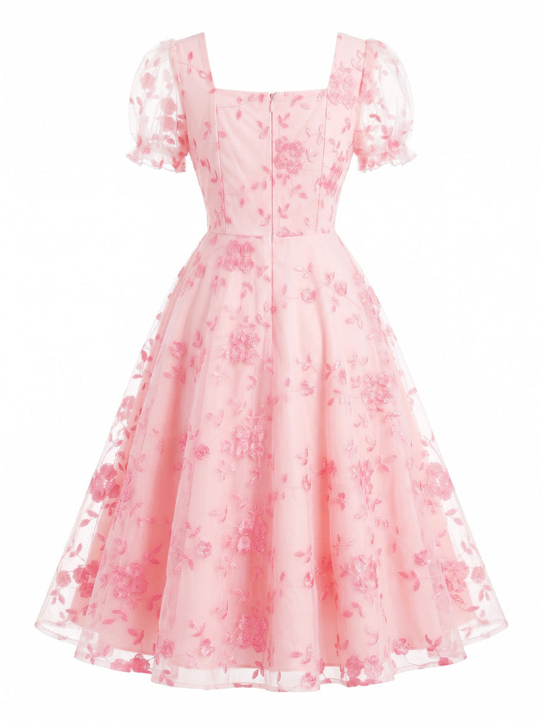 Robe Col Carré Manches Bouffantes Floral Broderie Années 1940 3