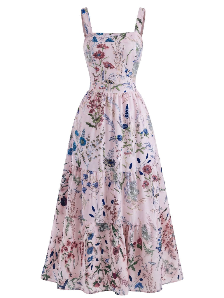 Robe Maxi à Étages Bretelles Spaghetti Col Carré Floral Années 40