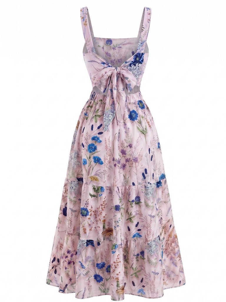 Robe Maxi à Étages Bretelles Spaghetti Col Carré Floral Années 40