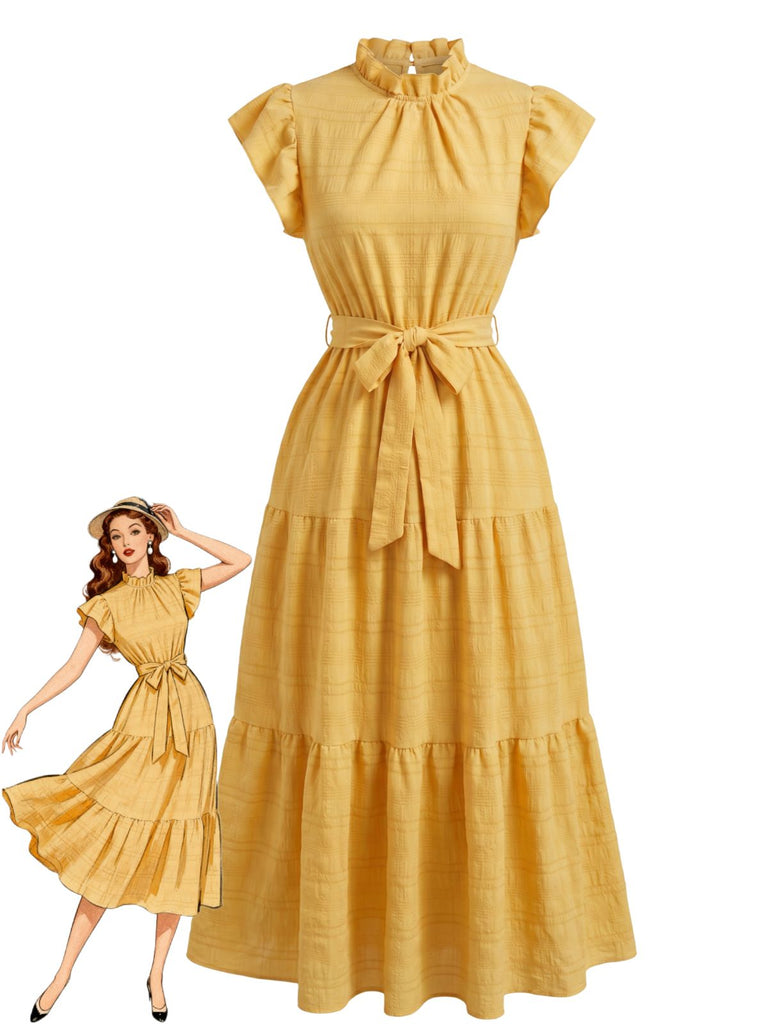 Robe Volant Col Montant Ceinturé à Étages Années 1940