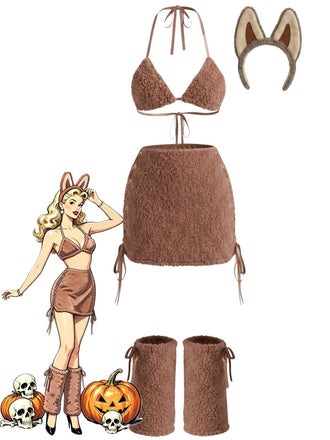 Ensemble costume pelucheux kaki du monstre Labubu pour Halloween années 1960