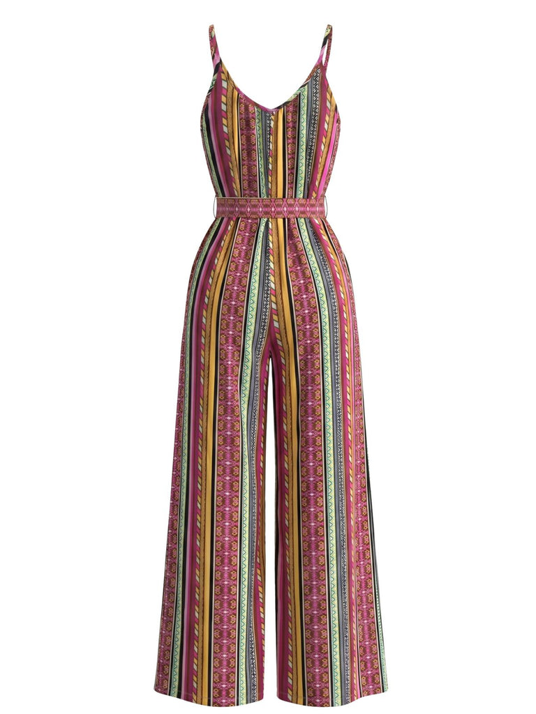 Combinaison Ceinturée à Jambes Larges Rayé Boho Multicolore Années 70