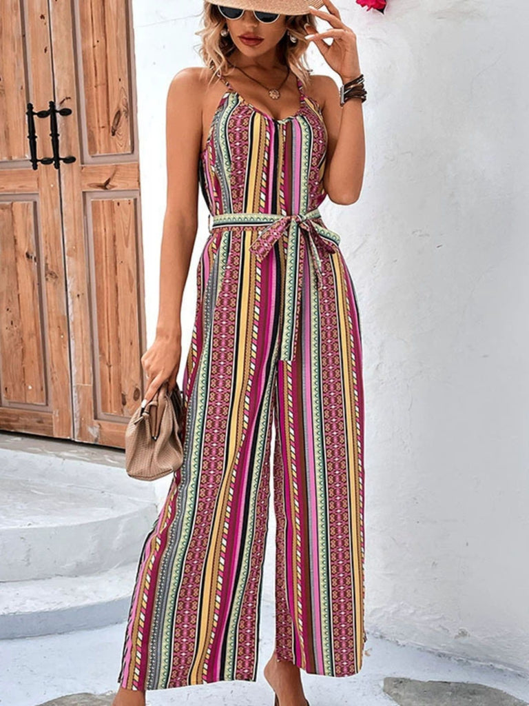 Combinaison Ceinturée à Jambes Larges Rayé Boho Multicolore Années 70