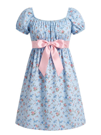 [Prévente] Robe Manches Bouffantes Nœud Satin Floral Bleu Clair Années 60