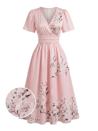 Robe Taille Haute Floral Col V Parapluie Années 1940