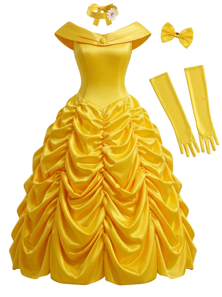 Ensemble robe jaune de princesse féerique à épaules dénudées et volants étagés Années 1950