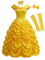 Ensemble de robe cosplay jaune épaules dénudées volants et allure princesse conte de fées années 50