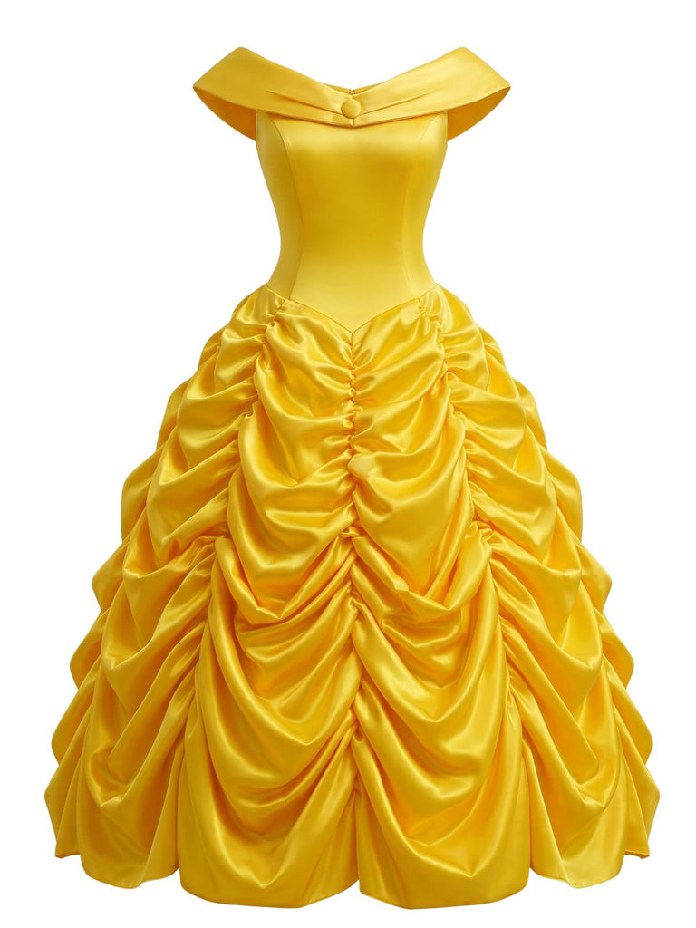 Ensemble robe jaune de princesse féerique à épaules dénudées et volants étagés Années 1950