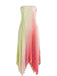 Robe longue rose et verte ombrée, plissée et sans bretelles à ourlet mouchoir années 1950