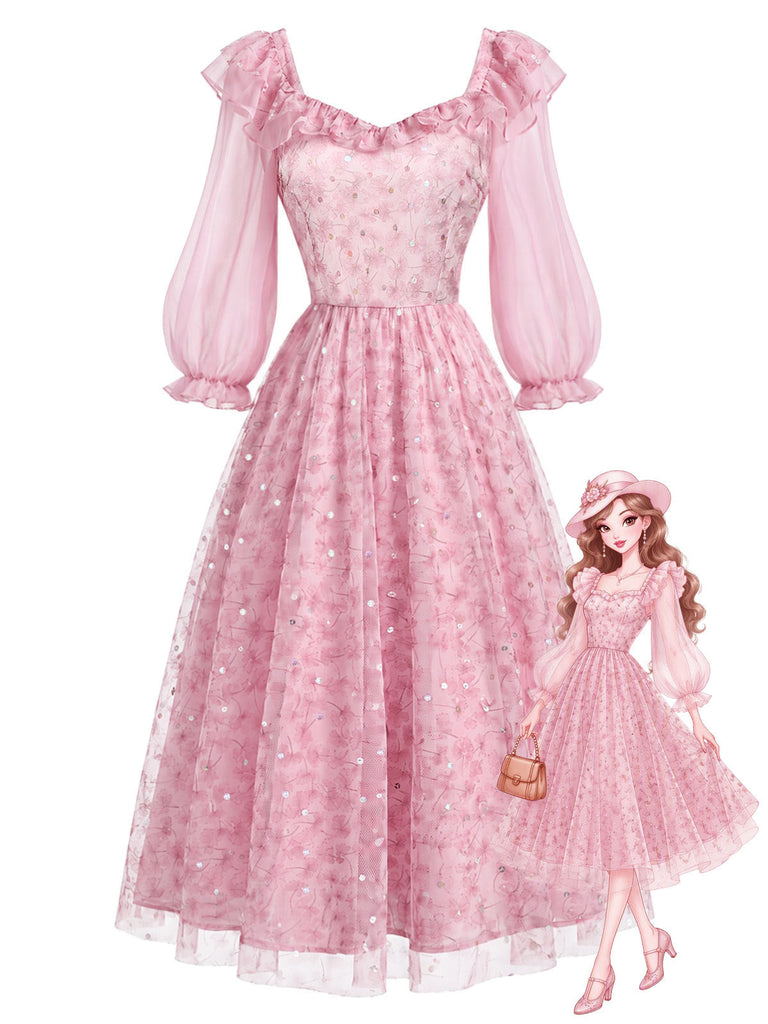 [Prévente] Robe rose en tulle floral à sequins et volants Années 1950