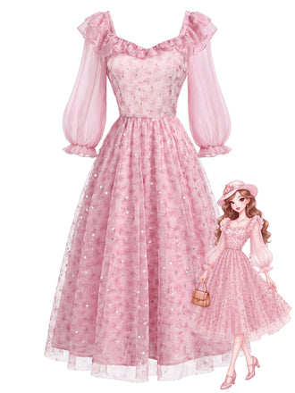 [Prévente] Robe rose en tulle floral à sequins et volants Années 1950
