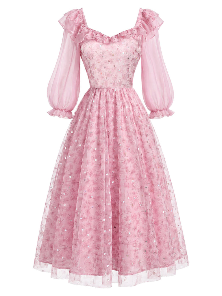 [Prévente] Robe rose en tulle floral à sequins et volants Années 1950