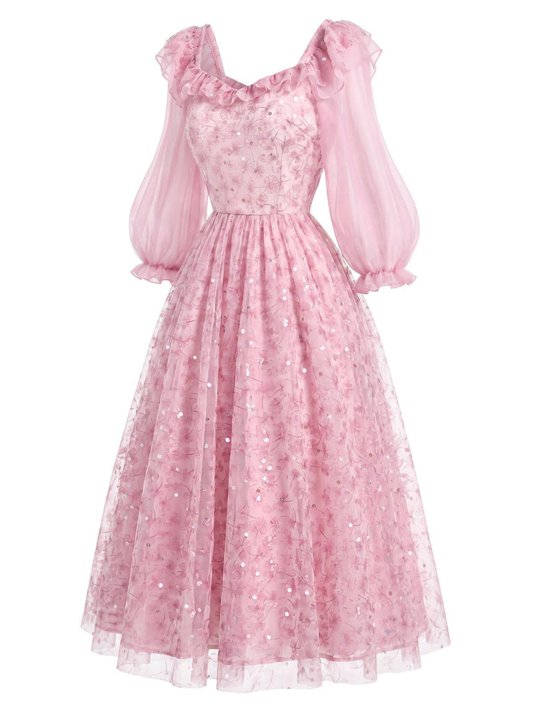 [Prévente] Robe rose en tulle floral à sequins et volants Années 1950
