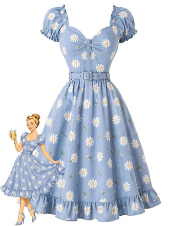 [Prévente] Robe Col Cœur Floral Marguerite Col Bleu Clair Années 1950