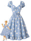 [Prévente] Robe bleu clair motif marguerites et décolleté cœur années 50