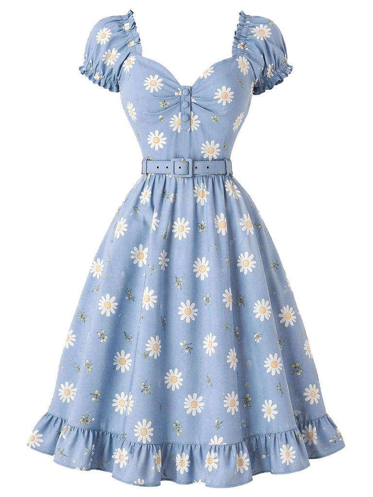 [Prévente] Robe Col Cœur Floral Marguerite Col Bleu Clair Années 1950 2