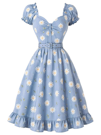 [Prévente] Robe Col Cœur Floral Marguerite Col Bleu Clair Années 1950 2