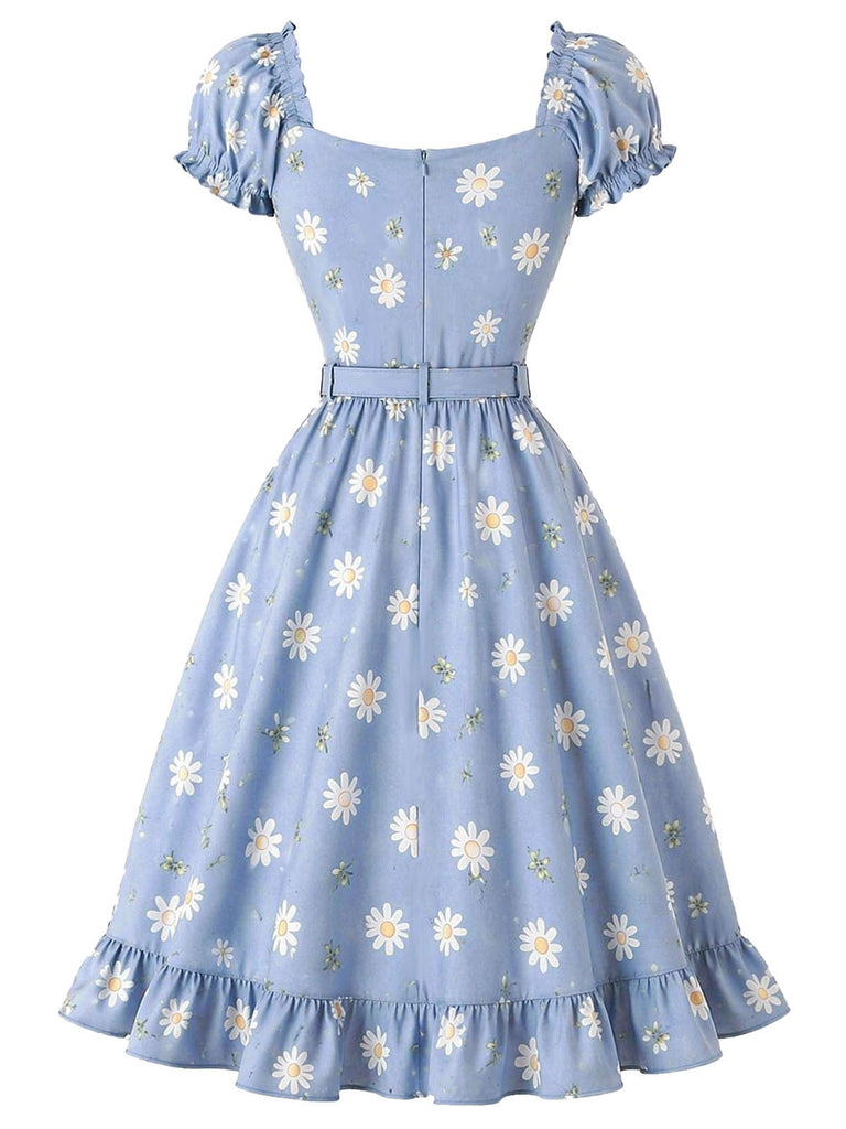 [Prévente] Robe Col Cœur Floral Marguerite Col Bleu Clair Années 1950 3