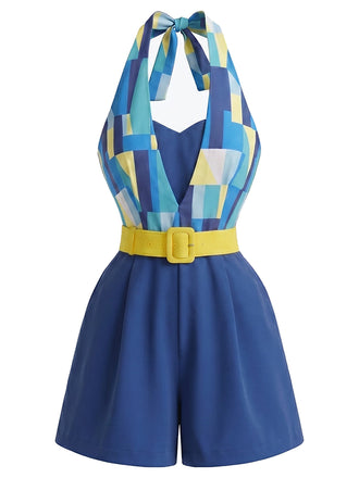[Prévente] Combishort Dos-Nu Ceinturé Géométrique Colorblock Bleu Années 70