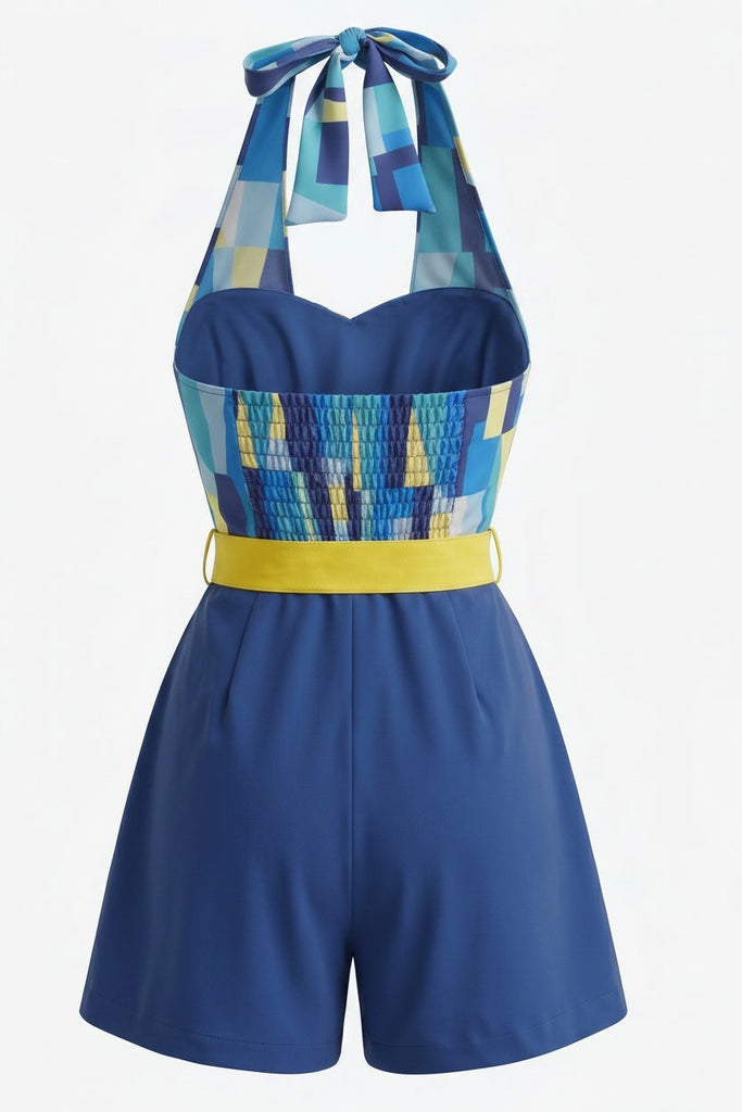 [Prévente] Combishort Dos-Nu Ceinturé Géométrique Colorblock Bleu Années 70