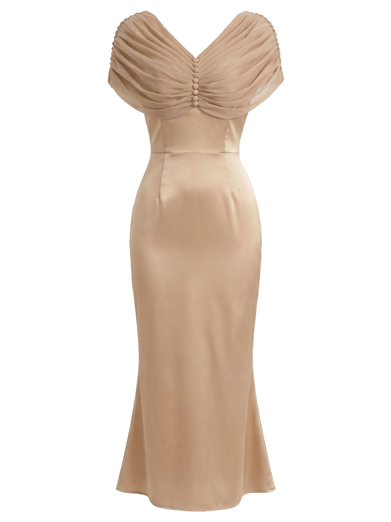 [Prévente] Robe Sirène Champagne Unie Froncée Col V Années 1930 2