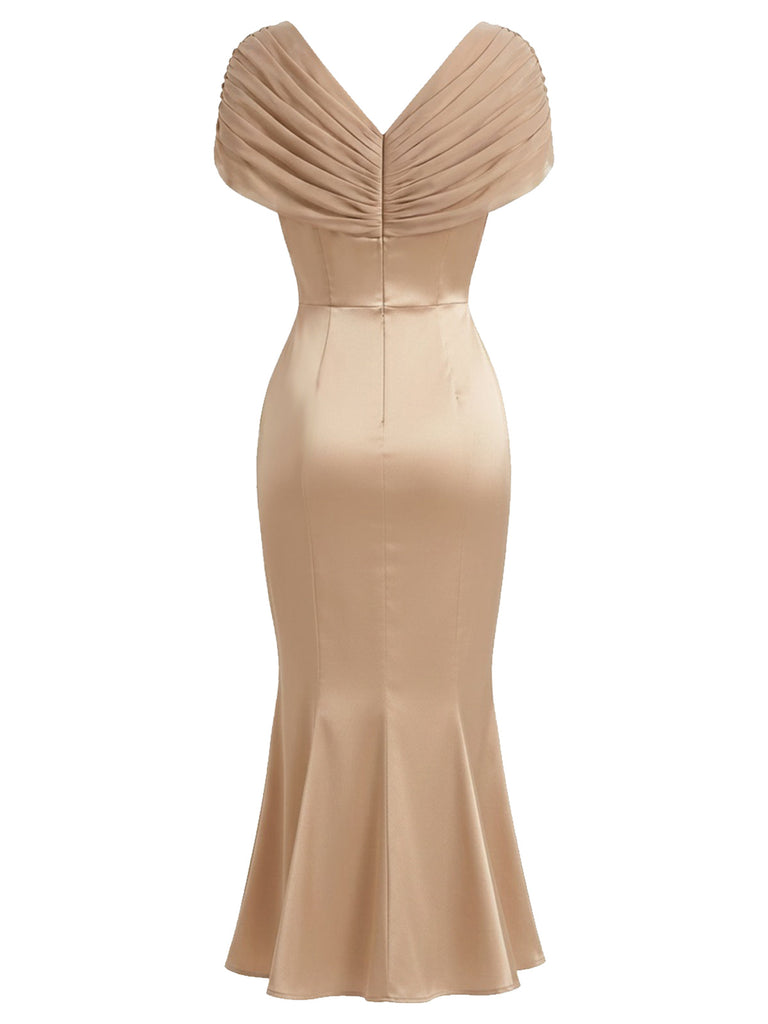 [Prévente] Robe Sirène Champagne Unie Froncée Col V Années 1930 3