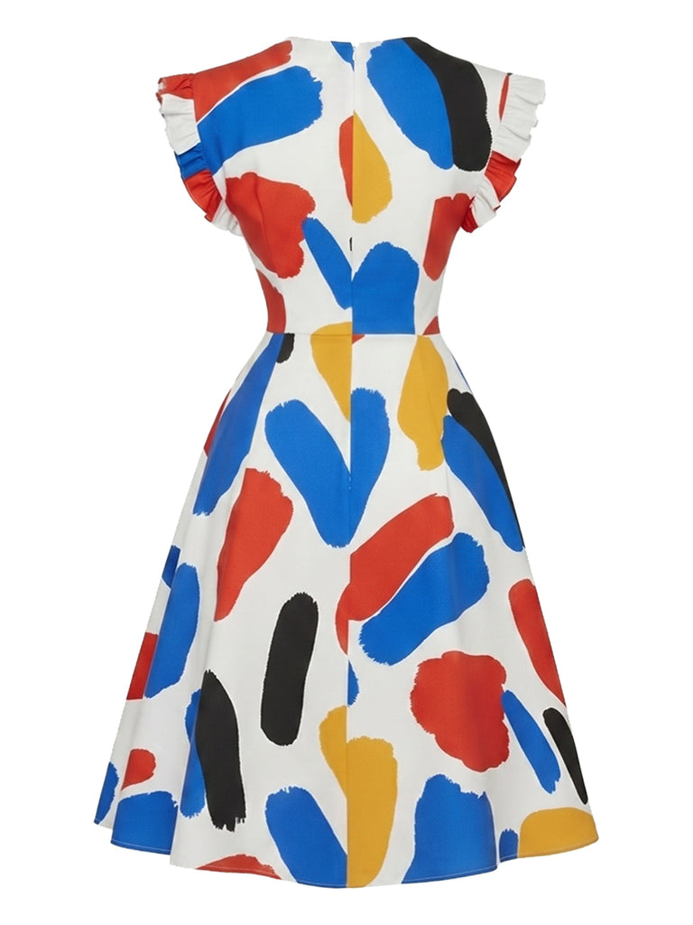 [Prévente] Robe Volant Évasé Abstrait Coup de Pinceau Imprimé Manche Années 1960 3