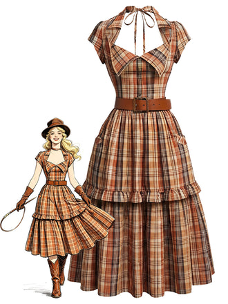 [Prévente] Robe Ceinturé Halter Col à Carreaux Cowgirl Ouvert Col Années 1970