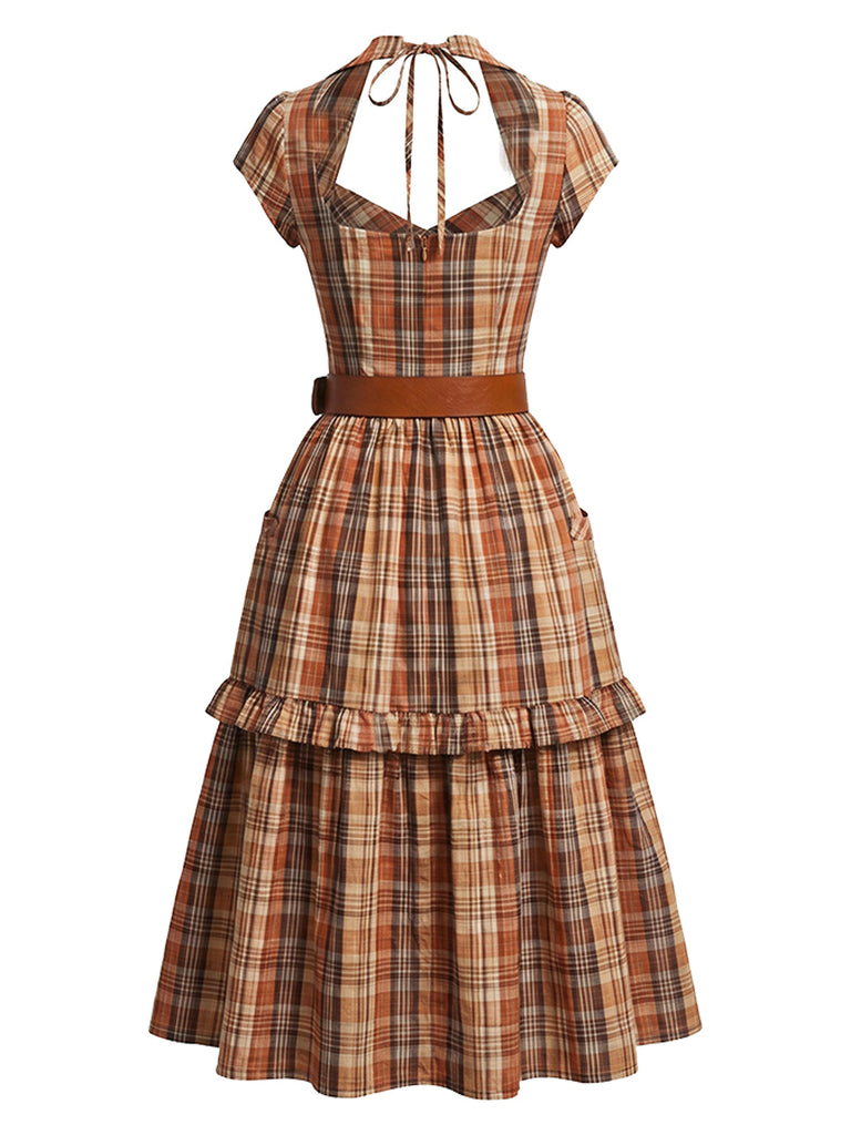 [Prévente] Robe Ceinturé Halter Col à Carreaux Cowgirl Ouvert Col Années 1970 3