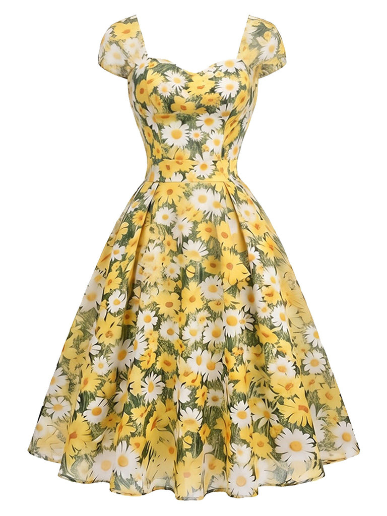 [Prévente] Robe Col Cœur Floral Évasé Marguerite Col Jaune Années 1950 2