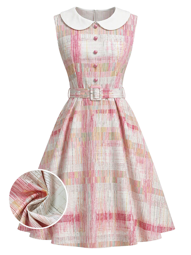 Robe rose carreaux sans manches col Claudine années 1950