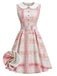 Robe rose carreaux sans manches col Claudine années 1950