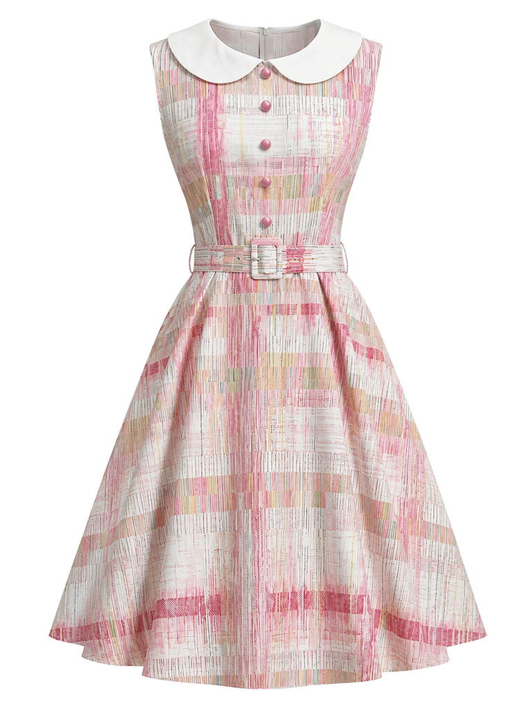 Robe rose carreaux sans manches col Claudine années 1950
