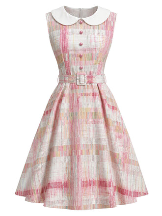 Robe rose carreaux sans manches col Claudine années 1950