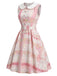 Robe rose carreaux sans manches col Claudine années 1950