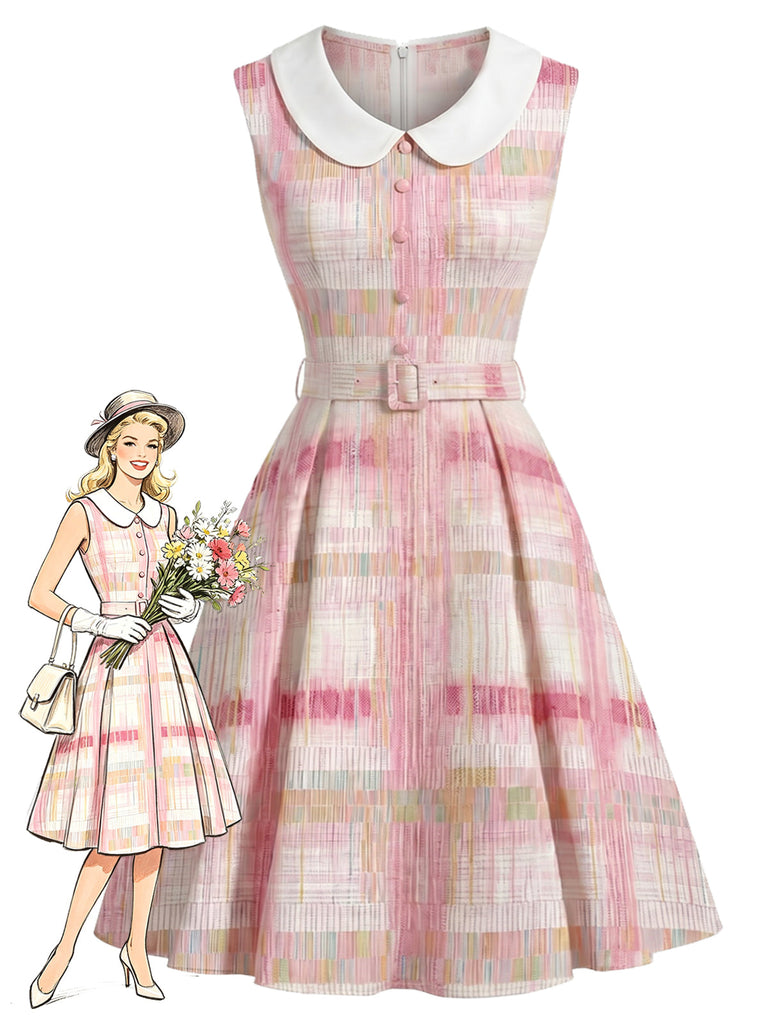 [Prévente] Robe Col Claudine Sans Manches à Carreaux Rose Années 1950