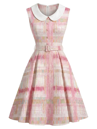 [Prévente] Robe Col Claudine Sans Manches à Carreaux Rose Années 1950 2