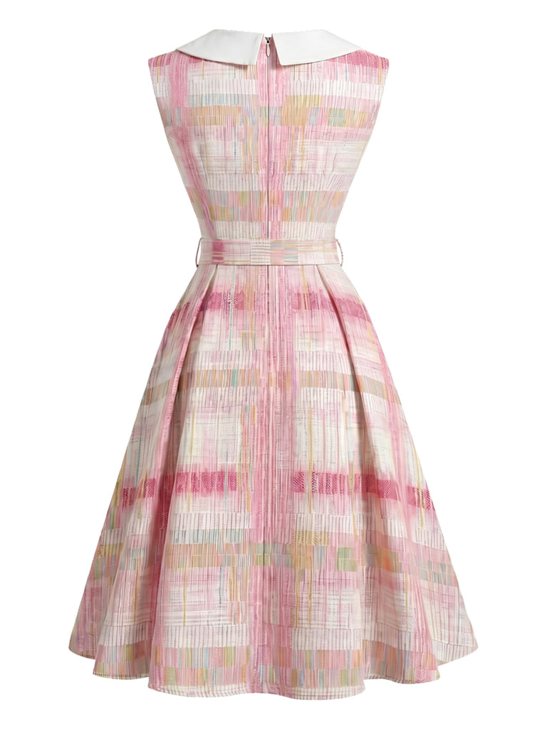 [Prévente] Robe Col Claudine Sans Manches à Carreaux Rose Années 1950 3