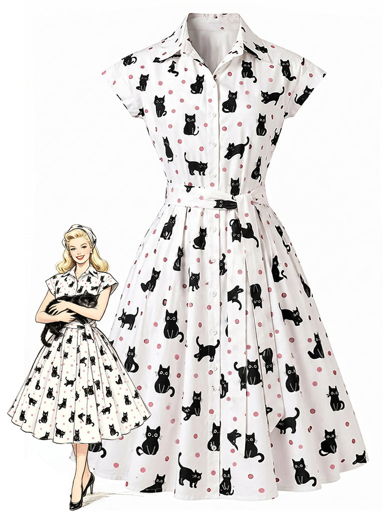 Robe chemisier cintrée motifs chats et pois années 1950