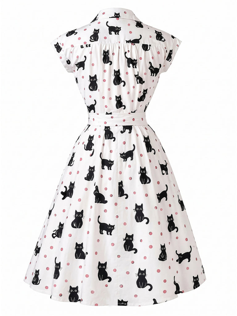 Robe chemisier cintrée motifs chats et pois années 1950