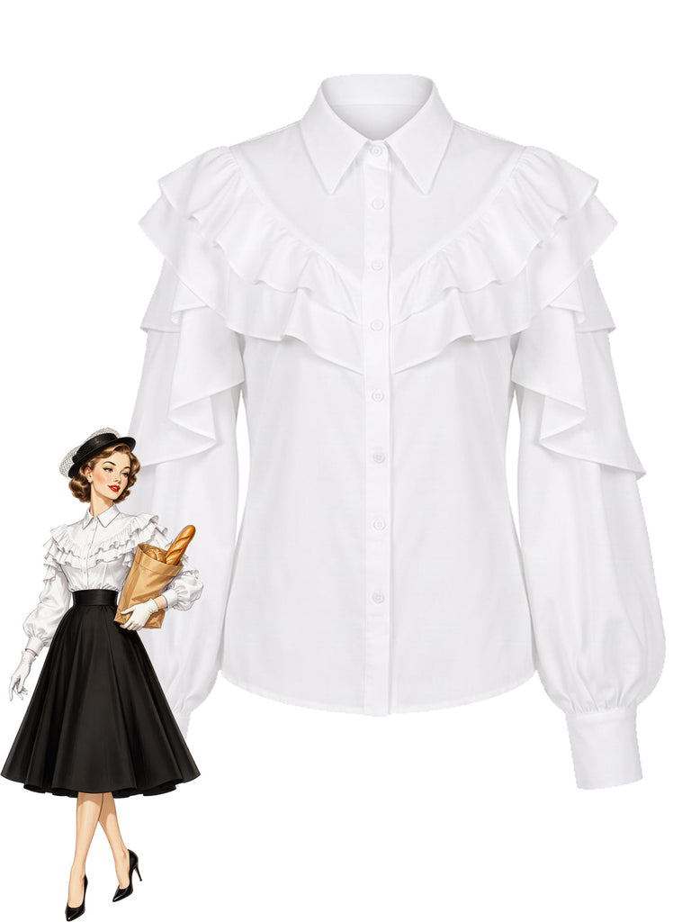 [Prévente] Blouse blanche à double volant, manches lanternes et empiècement années 1950