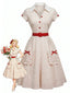 [Prévente] Robe blanche et rouge pois col V revers et nœud années 50