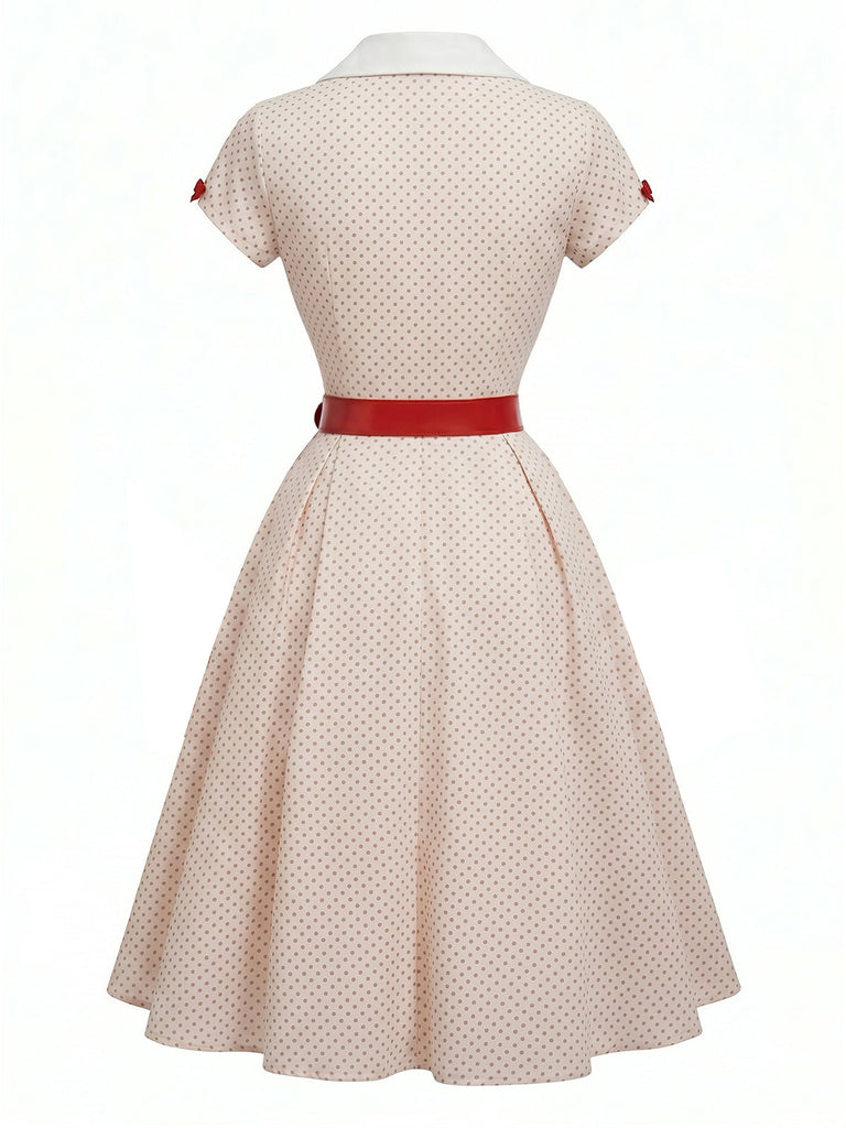 [Prévente] Robe blanche et rouge à pois, col V à revers et nœud Années 1950 - 3