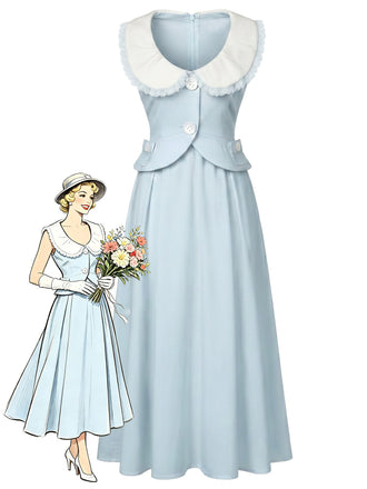 [Prévente] Robe Midi Bleu Clair Col Claudine en A Années 1940