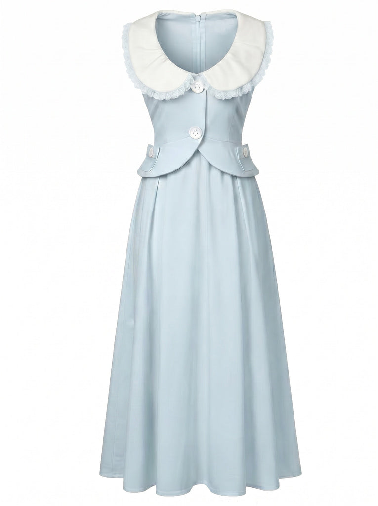 [Prévente] Robe Midi Bleu Clair Col Claudine en A Années 1940 2