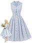 [Prévente] Robe sans manches bleu clair motif écossais et floral col Claudine années 1950