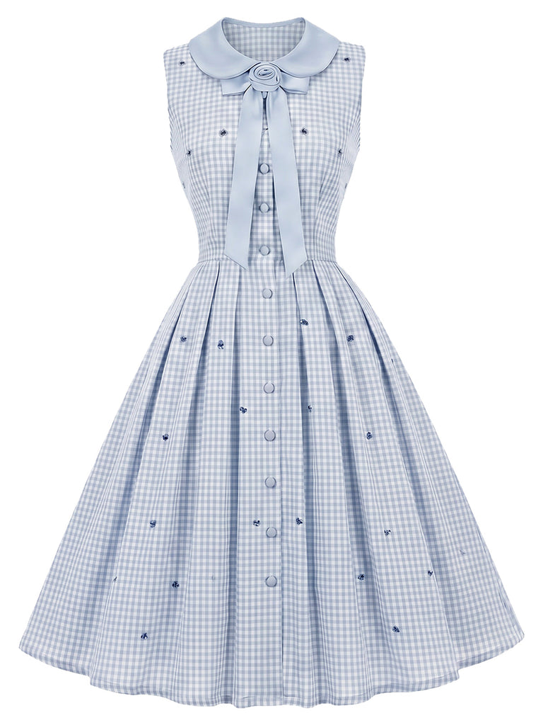 [Prévente] Robe bleu clair à carreaux, col Claudine et motif floral années 1950