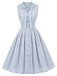 [Prévente] Robe bleu clair à carreaux, col Claudine et motif floral années 1950